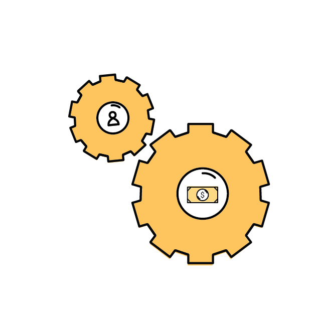 2 gears working together, one has money at the center and the other has a person