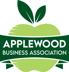 ABA Logo: a green apple with a banner across that says "Applewood Business Association"