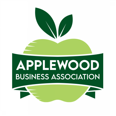 ABA Logo: a green apple with a banner across that says "Applewood Business Association"