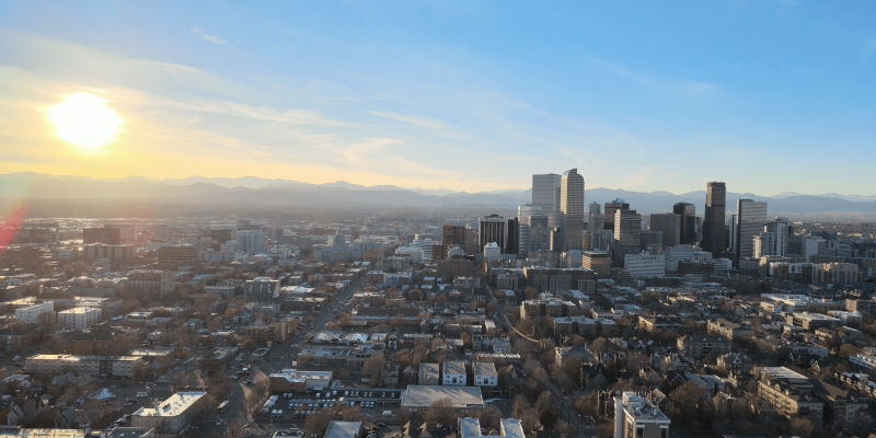 Denver skyline with mountains in background